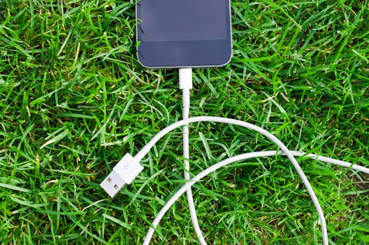 A smartphone connected to a USB cable lies on vibrant green grass, symbolizing connectivity and technology in nature.